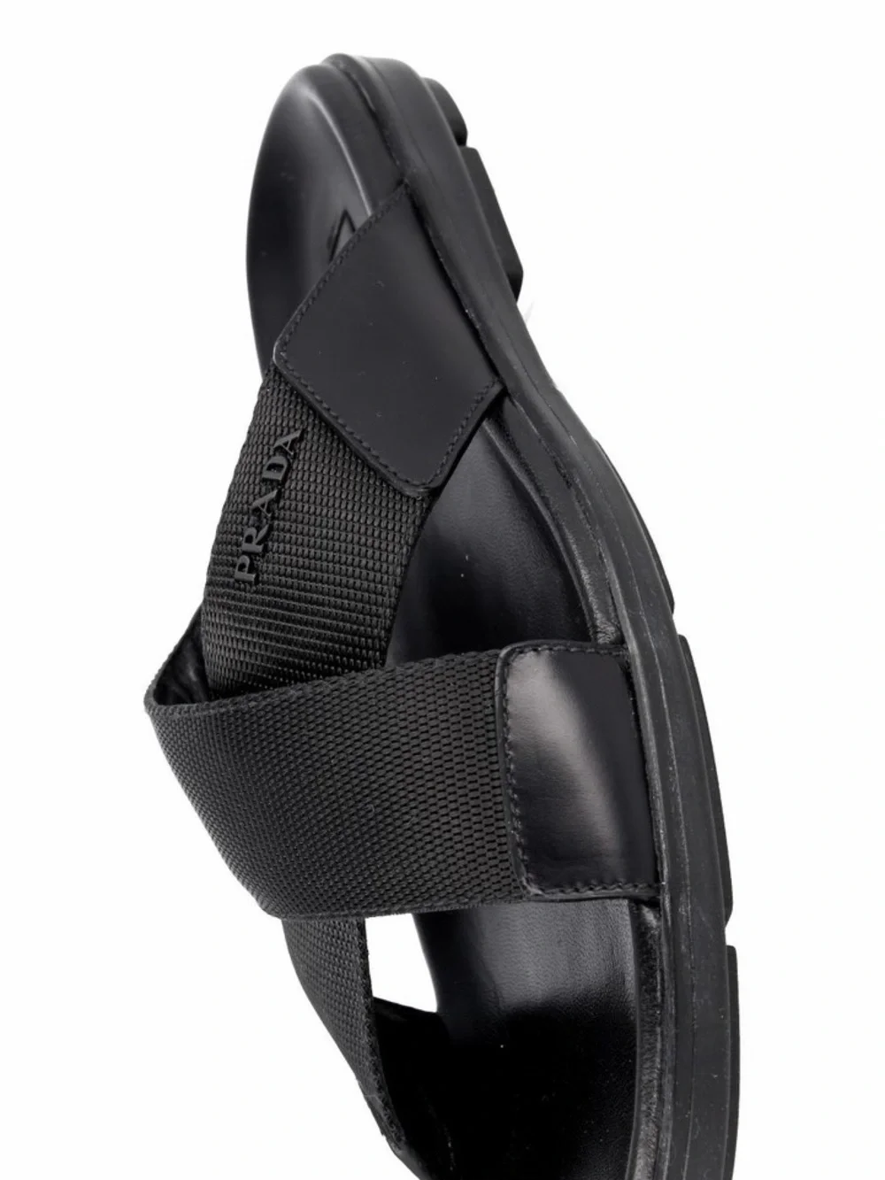 PRADA Men’s Leather Nylon Crisscross Slides Sandals